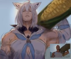 Rule 34 | 1boy, 1girl, animal ear fluff, animal ears, arm up, bad id, bad pixiv id, bare shoulders, blue neckwear, braid, carrying over shoulder, closed mouth, copyright request, corn, corn cob, day, detached sleeves, fox ears, hair between eyes, highres, hololive, hood, hood down, log, long sleeves, outdoors, photo-referenced, photo inset, reference photo, shirakami fubuki, shirakami fubuki (1st costume), sketch, sukemyon, tank top, virtual youtuber, white hair, white sleeves, white tank top
