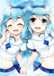 Rule 34 | 2girls, :d, akine (kuroyuri), bemani, blue eyes, blue hair, blue headband, collarbone, commentary request, holding hands, hand up, headband, highres, logo, long hair, multiple girls, navel, near (sound voltex), noah (sound voltex), open mouth, sailor collar, siblings, sisters, skirt, smile, sound voltex, stomach, thick eyebrows, twins, very long hair