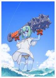 Rule 34 | 1girl, 8noiltna, :d, absurdres, bad id, bad twitter id, blue skin, blue sky, cloud, club, club (weapon), colored skin, commentary, contrail, day, green hair, grin, highres, horns, huge weapon, kanabou, looking at viewer, oni, open mouth, original, outdoors, pointy ears, red eyes, shochuumimai, short hair, skin-covered horns, sky, smile, solo, swimsuit, swimsuit under clothes, tan, tanline, wading, water, weapon