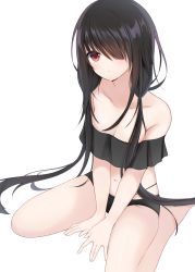 Rule 34 | 1girl, arm support, bare legs, bare shoulders, barefoot, between legs, bikini, black bikini, black hair, blush, breasts, cleavage, collarbone, commentary request, date a live, hair over one eye, hand between legs, highres, long hair, medium breasts, navel, off shoulder, red eyes, shiratoriko, simple background, sitting, solo, stomach, swimsuit, thighs, tokisaki kurumi, twintails, very long hair, wariza, white background