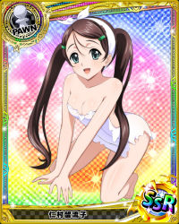 Rule 34 | 10s, 1girl, aqua eyes, artist request, brown hair, card (medium), character name, checkered background, chess piece, gradient background, hair ornament, hairclip, high school dxd, long hair, naked towel, nimura ruruko, official art, pawn (chess), runes, solo, towel, towel on head, trading card, twintails, white towel