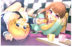 Rule 34 | 2girls, absurdres, blonde hair, blue eyes, breasts, cleavage, cookie, cup, feet, food, girl&#039;s avenue, glasses, highres, large breasts, megami magazine, mug, multicolored nails, multiple girls, nail art, nail polish, necktie, no shoes, pink nails, purple eyes, socks, thighhighs, tsuji santa