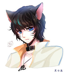 Rule 34 | 1boy, animal ear fluff, animal ears, artist name, belt collar, black collar, black hair, blade &amp; soul, blue eyes, cat ears, closed mouth, collar, commentary request, expressionless, jewelry, lanmei jiang, looking at viewer, lyn (blade &amp; soul), male focus, medium bangs, necklace, open clothes, open shirt, shirt, short hair, signature, solo, upper body, variant set, wavy hair, white shirt