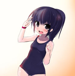 Rule 34 | 1girl, arm up, black eyes, black hair, breasts, covered navel, gluteal fold, long hair, morino donguri, one-piece swimsuit, open mouth, original, ponytail, school swimsuit, small breasts, smile, solo, swimsuit, wet, wet hair, wristband