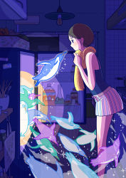 Rule 34 | 1girl, absurdres, bird, black camisole, black hair, bottle, camisole, feet out of frame, fork, glowing, highres, original, penguin, profile, refrigerator, short hair, shorts, solo, sparkle, yoshimon