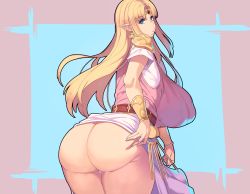Rule 34 | 1girl, armor, ass, blonde hair, breasts, circlet, clothes lift, curvy, dress, dress lift, earrings, from behind, highres, huge ass, huge breasts, jewelry, looking at viewer, looking back, metal owl (aden12), nintendo, panties, parted lips, pauldrons, plump, pointy ears, princess zelda, purple panties, shoulder armor, solo, the legend of zelda, thick thighs, thighs, triangle earrings, underwear, white dress, wide hips
