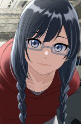 1girl arms_behind_back backlighting black_hair braid breasts closed_mouth collarbone commentary_request glasses grey-framed_eyewear grey_eyes highres hood hood_down hoodie leaning_forward long_hair looking_at_viewer love_live! love_live!_nijigasaki_high_school_idol_club low_twin_braids medium_breasts nakagawa_nana red_hoodie s_sho_mkrn semi-rimless_eyewear smile solo split_mouth swept_bangs twin_braids under-rim_eyewear upper_body yuki_setsuna yuki_setsuna_(love_live!)