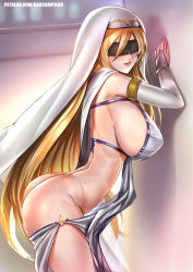 Rule 34 | 1girl, against wall, ass, badcompzero, blindfold, blonde hair, blush, breasts, butt crack, dress, elbow gloves, gloves, goblin slayer!, habit, highres, large breasts, lips, long hair, no panties, open mouth, revealing clothes, shiny skin, smile, solo, standing, sweat, sword maiden, very long hair, white dress, white gloves