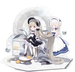 Rule 34 | 2girls, absurdly long hair, aircraft, alarm clock, apron, azur lane, black dress, blue dress, bonnet, brushing hair, clock, closed eyes, closed mouth, cup, dress, drinking glass, drinking straw, flight deck, flower, frown, hair flower, hair ornament, highres, kincora, light brown hair, light smile, little bel (azur lane), little formidable (azur lane), long hair, maid, maid apron, maid headdress, manjuu (azur lane), multiple girls, official art, pantyhose, red eyes, royal navy emblem (azur lane), sitting, smile, standing, transparent background, turret, twintails, very long hair, white hair, white pantyhose