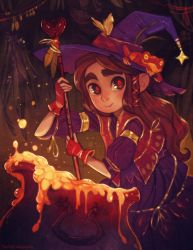 Rule 34 | 1girl, armlet, ava&#039;s demon, ava ire, avasdemon, brown eyes, brown hair, cauldron, dress, eyebrows, fingerless gloves, frog, gloves, hair ribbon, hat, highres, long hair, md5 mismatch, multicolored eyes, red eyes, ribbon, solo, stirring, vest, witch, witch hat