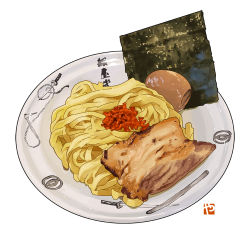 Rule 34 | chain, commentary, egg, egg (food), english commentary, food, food focus, garnish, hardboiled egg, katana, meat, no humans, noodles, original, plate, realistic, seaweed, simple background, still life, studiolg, sword, weapon, white background
