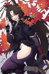 Rule 34 | 1girl, absurdres, animal ears, arknights, black hair, black kimono, brown eyes, dog ears, facial mark, fingerless gloves, forehead mark, gloves, highres, hip vent, holding, japanese clothes, jungsungwoo, kimono, long hair, long sleeves, looking at viewer, parted bangs, saga (arknights), solo, very long hair, weapon