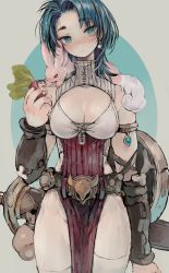 Rule 34 | 1girl, 1other, belt buckle, blue eyes, blue hair, blush, bracer, breasts, buckle, cleavage, cleavage cutout, closed mouth, clothing cutout, commentary, cowboy shot, earrings, ebimomo, food, highres, holding, holding food, holding vegetable, jewelry, large breasts, looking at viewer, medium hair, pelvic curtain, rabbit, radish, riula (stones of dragon), scabbard, sheath, sheathed, shield, single earring, standing, stones of dragon, sword, thighhighs, vegetable, weapon, white thighhighs