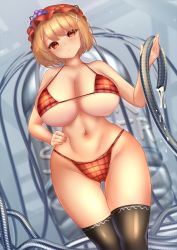 Rule 34 | 1girl, aki minoriko, bikini, black thighhighs, blonde hair, breasts, cleavage, closed mouth, food, fruit, grapes, groin, hair ornament, hand on own hip, hat, highres, holding, holding hose, hose, long sleeves, looking at viewer, medium breasts, mob cap, navel, plaid, plaid bikini, red bikini, red eyes, red hat, short hair, shounen (hogehoge), solo, standing, swimsuit, thighhighs, touhou, water, x hair ornament