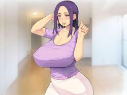 Rule 34 | 1girl, adjusting hair, arm up, aunt, blurry, blurry background, blush, breasts, cleavage, cowboy shot, curvy, covered erect nipples, female focus, floor, half-closed eyes, hand up, huge breasts, indoors, jewelry, looking at viewer, medium hair, nose blush, original, parted lips, purple hair, red eyes, ring, skirt, solo, standing, wedding band, white skirt, yoko juusuke
