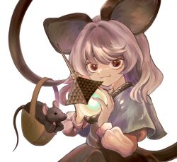 Rule 34 | 1girl, animal, animal ears, bishamonten&#039;s pagoda, black dress, capelet, closed mouth, dress, fingernails, grey capelet, grey hair, highres, holding, long sleeves, mouse (animal), mouse ears, mouse tail, nazrin, red eyes, short hair, simple background, solo, tail, touhou, umebitan, upper body, white background