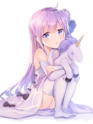 Rule 34 | 1girl, ahoge, ass, azur lane, bare shoulders, chestnut mouth, detached sleeves, hugging doll, dress, hair ribbon, highres, long hair, looking at viewer, myusha, hugging object, panties, pantyshot, parted lips, purple eyes, purple hair, ribbon, simple background, sitting, solo, stuffed animal, stuffed toy, stuffed unicorn, stuffed winged unicorn, thighhighs, underwear, unicorn (azur lane), white background, white dress, white panties, white thighhighs