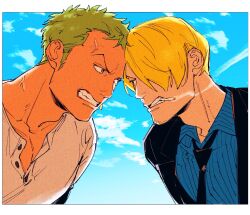 Rule 34 | 2boys, angry, black jacket, black necktie, blue shirt, blue sky, brown eyes, cigarette, clenched teeth, cloud, colored skin, commentary, earrings, green hair, head bump, highres, jacket, jewelry, kzwtr8, male focus, mature male, multiple boys, necktie, one piece, roronoa zoro, sanji (one piece), shirt, sky, suit jacket, tan, teeth, white background, white shirt, white skin