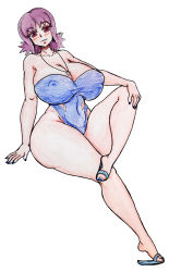 Rule 34 | 1girl, absurdres, ass, blue one-piece swimsuit, blush, breasts, brown eyes, covered navel, creatures (company), gaixas1, game freak, half-closed eyes, highleg, highleg swimsuit, highres, huge ass, invisible chair, jewelry, large breasts, looking at viewer, necklace, nintendo, one-piece swimsuit, philena ivy, pokemon, pokemon (anime), pokemon (classic anime), purple hair, sandals, scan, sitting, solo, swimsuit, traditional media, white background, wide hips