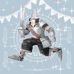 Rule 34 | 1boy, adelbert steiner, armor, black pants, breastplate, chainmail, final fantasy, final fantasy ix, full body, grey background, happy birthday, hat feather, helmet, highres, holding, holding sword, holding weapon, looking at viewer, male focus, armored boots, nnnmmg0725, pants, plate armor, shoulder armor, smile, solo, sparkle, sword, weapon