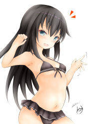 Rule 34 | 1girl, asashio (kancolle), bikini, black bikini, black hair, breasts, commentary request, contrapposto, cowboy shot, dakkusu, friled bikini, frilled bikini, frills, front-tie top, kantai collection, long hair, looking at viewer, simple background, small breasts, solo, swimsuit, white background