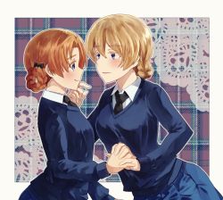 Rule 34 | 2girls, black bow, black neckwear, blonde hair, blue eyes, blue skirt, blue sweater, blush, bow, braid, closed mouth, commentary, darjeeling (girls und panzer), doily, dress shirt, girls und panzer, hair bow, hand on another&#039;s face, highres, holding hands, interlocked fingers, leaning forward, long sleeves, looking at another, miniskirt, multiple girls, necktie, no emblem, orange hair, orange pekoe (girls und panzer), outside border, parted bangs, parted lips, plaid, plaid background, pleated skirt, school uniform, senta (ysk 0218), shirt, short hair, skirt, smile, st. gloriana&#039;s school uniform, sweater, v-neck, white shirt, wing collar, yuri