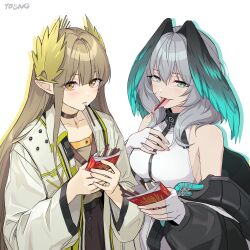 Rule 34 | 2girls, arknights, artist name, blush, collar, collarbone, commentary request, fingerless gloves, food, gloves, green eyes, grey hair, head wings, highres, ho&#039;olheyak (arknights), jacket, lab coat, laurel crown, light brown hair, looking at viewer, muelsyse (arknights), multiple girls, pocky, pointy ears, shirt, simple background, sleeveless, sleeveless shirt, slit pupils, tongue, tongue out, white background, white gloves, white shirt, wings, y0ung, yellow eyes