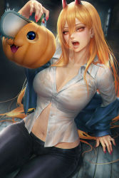 Rule 34 | 1girl, alternate breast size, black pants, blonde hair, breasts, chainsaw man, cleavage, highres, indoors, large breasts, long hair, long sleeves, looking at viewer, nail polish, neoartcore, on floor, open mouth, pants, patreon username, power (chainsaw man), pumpkin, red nails, see-through, see-through shirt, shirt, sitting, solo, white shirt, yellow eyes