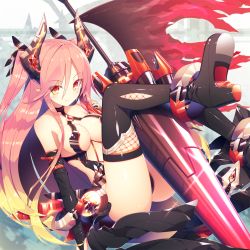 Rule 34 | 1girl, bare shoulders, bluesy requiem, blush, breasts, cleavage, demon girl, elbow gloves, gloves, headgear, highres, horns, ichiyan, lance, long hair, looking at viewer, medium breasts, phantasy star, phantasy star online 2, pink hair, pointy ears, polearm, red eyes, revealing clothes, smile, solo, thighhighs, weapon