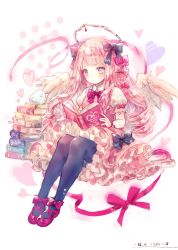 Rule 34 | 1girl, animal, bird, black bow, black pantyhose, blush, book, book stack, bow, closed eyes, closed mouth, commentary request, dress, feathered wings, fingernails, full body, grey eyes, hair bow, halo, heart, highres, holding, holding book, nail polish, onineko, open book, original, pantyhose, pink bow, pink dress, polka dot, polka dot bow, puffy short sleeves, puffy sleeves, purple footwear, purple nails, shoes, short sleeves, sitting, solo, striped bow, translation request, v-shaped eyebrows, vertical-striped bow, white wings, wings