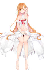 Rule 34 | 1girl, absurdres, asuna (sao), bare legs, barefoot, blonde hair, blush, braid, breasts, brown eyes, chu (huaha1320), dress, feet, half updo, hand up, highres, long hair, looking at viewer, medium breasts, navel, parted lips, pointy ears, simple background, sitting, solo, sword art online, toes, very long hair, white background, white dress