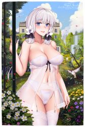Rule 34 | 1girl, ahoge, azur lane, blue eyes, blush, bra, breasts, cameltoe, cleavage, collarbone, commentary request, day, flower, garter belt, hanada yanochi, hand up, illustrious (azur lane), large breasts, lingerie, lips, looking at viewer, low twintails, mole, mole under eye, navel, outdoors, panties, parted lips, see-through, sky, solo, standing, thighhighs, twintails, underwear, white bra, white hair, white panties, white thighhighs