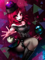 Rule 34 | 1girl, bare shoulders, belt, black hat, black nails, black shirt, blood, boots, breasts, chain, checkered clothes, checkered skirt, choker, cleavage, clothes writing, cross, cross earrings, earrings, earth (ornament), floating, floating object, hat, hecatia lapislazuli, highres, hiyoko risu, illuminati, jewelry, knee boots, lip piercing, looking at viewer, moon (ornament), nail polish, off shoulder, open hand, open mouth, outstretched hand, pantyhose, piercing, planet, pleated skirt, punk, red eyes, red hair, shirt, short hair, skirt, sky, solo, space, spiked belt, spikes, star (sky), star (symbol), starry background, starry sky, teeth, thighs, tongue piercing, touhou, triangle