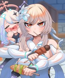 Rule 34 | 2girls, :t, = =, absurdres, amagasa, blonde hair, blush, brown eyes, commentary request, dress, eating, flower, food, genshin impact, hair flower, hair ornament, halo, heart, heart in mouth, highres, holding, holding food, jitome, kebab, looking at viewer, lumine (genshin impact), multiple girls, open mouth, paimon (genshin impact), ringed eyes, skewer, v-shaped eyebrows, wavy mouth, white dress, white hair