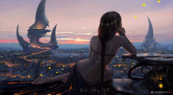 Rule 34 | 1girl, anklet, arm support, back, bare back, bare shoulders, barefoot, bikini, black bikini, black hair, braid, braided ponytail, bug, building, butterfly, circlet, city, cloud, cloudy sky, earrings, evening, facing away, fantasy, from behind, gem, glowing, hand on own face, harem outfit, insect, jewelry, long hair, magatama, magatama earrings, original, outdoors, reclining, sarong, single braid, sky, soles, solo, sunlight, sunset, swimsuit, table, very long hair, watermark, web address, wlop