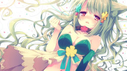 Rule 34 | 1girl, animal ears, bare shoulders, blush, breasts, clenched hand, collar, elbow gloves, fang, gloves, green hair, hair ornament, hair spread out, large breasts, long hair, lying, navel, on back, original, red eyes, reia, single glove, solo, tears, very long hair, yumeko (reia)