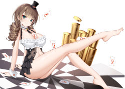 Rule 34 | 1girl, absurdres, ass, azur lane, bad id, bad pixiv id, barefoot, between breasts, breasts, brown hair, bustier, card, card between breasts, catnnn, choker, coin, dartboard, dead or alive, drill hair, frilled choker, frills, green eyes, hat, highres, large breasts, looking at viewer, mini hat, monica (doa), outstretched leg, simple background, sitting, twin drills, white background, wrist cuffs