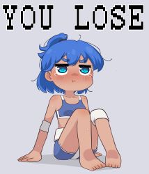 Rule 34 | 1girl, :t, absurdres, bare shoulders, barefoot, blue eyes, blue hair, blue shorts, blush, breasts, closed mouth, collarbone, commentary request, english text, fool iketani, full body, grey background, highres, knee pads, knees up, original, pixelated, ponytail, pout, shadow, short eyebrows, short shorts, shorts, simple background, single knee pad, sitting, small breasts, solo, tears, thick eyebrows