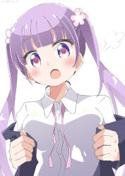 Rule 34 | 1girl, absurdres, artist name, blush, business suit, cynical (llcbluckg c004), dot nose, female focus, formal, hair ornament, highres, long sleeve shirt, long sleeves, looking at viewer, new game!, open clothes, open mouth, purple eyes, purple hair, solo, standing, suit, suzukaze aoba
