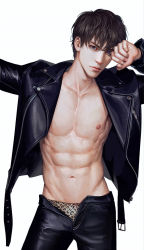 Rule 34 | 1boy, abs, animal print, arms up, bare pectorals, black hair, black jacket, black pants, blue eyes, clenched hand, contrapposto, cowboy shot, expressionless, guanyiwudan, jacket, leather, leather jacket, leather pants, leopard print, lips, looking at viewer, male focus, male underwear, navel, nipples, nose, open fly, original, pants, pectorals, print male underwear, realistic, shiny clothes, short hair, simple background, solo, standing, toned, toned male, topless male, underwear