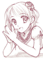 Rule 34 | 1girl, :d, breasts, collarbone, ever 17, hair ornament, looking at viewer, lowres, monochrome, open mouth, own hands together, parted bangs, puffy short sleeves, puffy sleeves, red theme, shadow, shirt, short hair, short sleeves, short twintails, simple background, smile, solo, takigawa yuu, twintails, upper body, white background, yagami coco