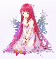 Rule 34 | 1girl, bird, bow, branch, choker, closed eyes, closed mouth, dress, grass, hair bow, half updo, kneeling, leaf, light smile, long hair, macciatto (aciel02), original, outstretched hand, red eyes, red hair, solo, very long hair, wavy hair, white bow, white dress