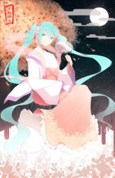Rule 34 | 1girl, aerlai, alternate costume, aqua eyes, aqua hair, chinese clothes, chuushuu meigetsu miku, commentary, flower, full body, full moon, hair flower, hair ornament, hand fan, hatsune miku, invisible chair, japanese clothes, long hair, moon, paper fan, see-through, sitting, sky, smile, solo, song request, star (sky), starry sky, twintails, uchiwa, very long hair, vocaloid