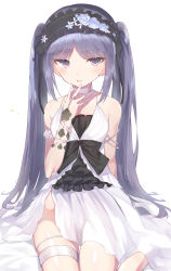 Rule 34 | 1girl, absurdres, bare shoulders, bed sheet, black bow, black hairband, bow, commentary request, dress, euryale (fate), euryale (third ascension) (fate), fate/hollow ataraxia, fate (series), flower, frilled hairband, frills, hairband, hand to own mouth, highres, kura ekaki, long hair, parted lips, purple eyes, purple hair, sitting, sleeveless, sleeveless dress, solo, twintails, very long hair, white background, white dress, white flower