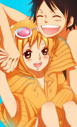 Rule 34 | 1boy, 1girl, age regression, aged down, brown eyes, child, glasses, kristallin-f, monkey d. luffy, nami (one piece), one piece, one piece film: z, orange hair, oversized clothes, smile, sunglasses