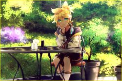 Rule 34 | 1boy, aqua eyes, bad id, bad twitter id, black shorts, blonde hair, bush, commentary, cup, day, ei flow, english commentary, head rest, highres, jacket, kagamine len, looking at viewer, male focus, outdoors, plant, potted plant, short ponytail, shorts, sitting, smile, solo, spiked hair, vocaloid, white jacket