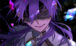 Rule 34 | 1boy, black blindfold, blindfold, evil smile, long hair, looking at viewer, male focus, nu carnival, purple hair, rin (nu carnival), see-through, slit pupils, smile, zaqxcsdwe123