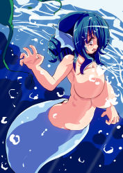 Rule 34 | 1girl, blue eyes, blue hair, breasts, completely nude, convenient censoring, drill hair, fins, fish tail, head fins, large breasts, matching hair/eyes, mermaid, monster girl, moura (kenyuugetu), nude, solo, tail, touhou, underwater, wakasagihime