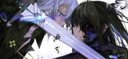 Rule 34 | 1boy, 1girl, aura, battle, black hair, black sclera, blue eyes, colored sclera, cross, highres, holding, holding sword, holding weapon, looking at another, original, parted lips, red eyes, simple background, sword, teeth, upper body, veins, weapon, white background, white hair, xuefei (snowdrop)