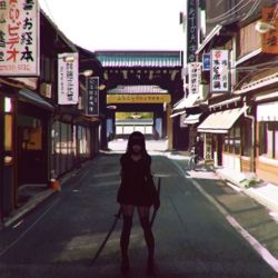 Rule 34 | 1girl, air conditioner, architecture, bicycle, chromatic aberration, east asian architecture, garter straps, gate, hair over eyes, highres, ilya kuvshinov, katana, kyoto, long hair, original, photo-referenced, real world location, road, scabbard, sheath, solo, standing, street, sword, thighhighs, traffic light, weapon, zettai ryouiki